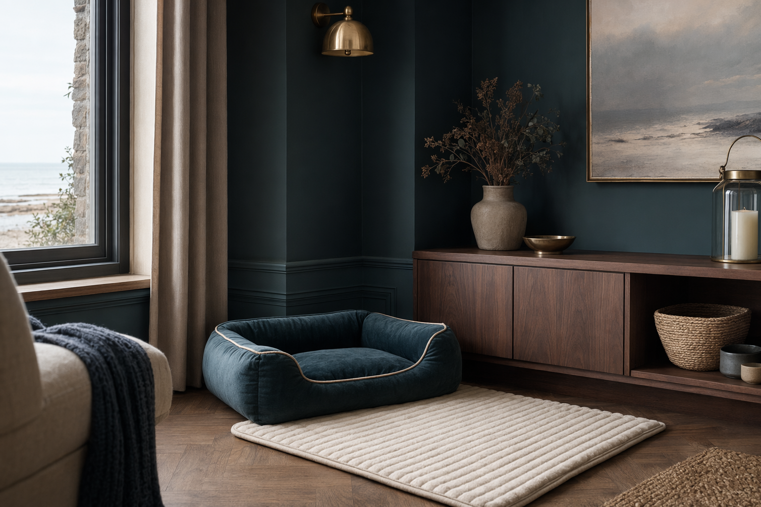 A midnight teal pet lounge corner with champagne accents, walnut storage and a cream ribbed mat